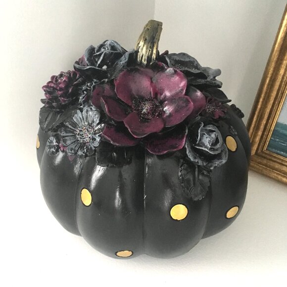 Halloween Floral Pumpkin Decor Polka Dots Tabletop Farmhouse Shabby Chic - Picture 3 of 8